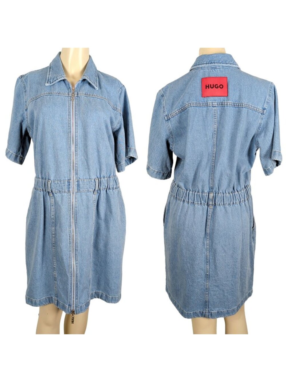 HUGO Boss Denim Shirt Dress US 10 Light Wash Zip Front Short Sleeve Pockets